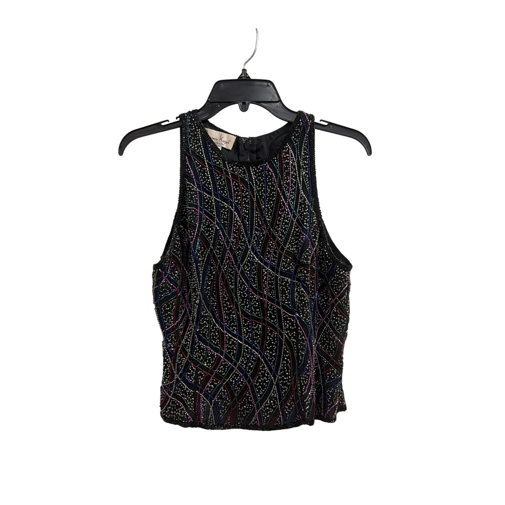 Vintage Laurence Kazar Silk Beaded Sleeveless Shell Top Black XS Art Deco